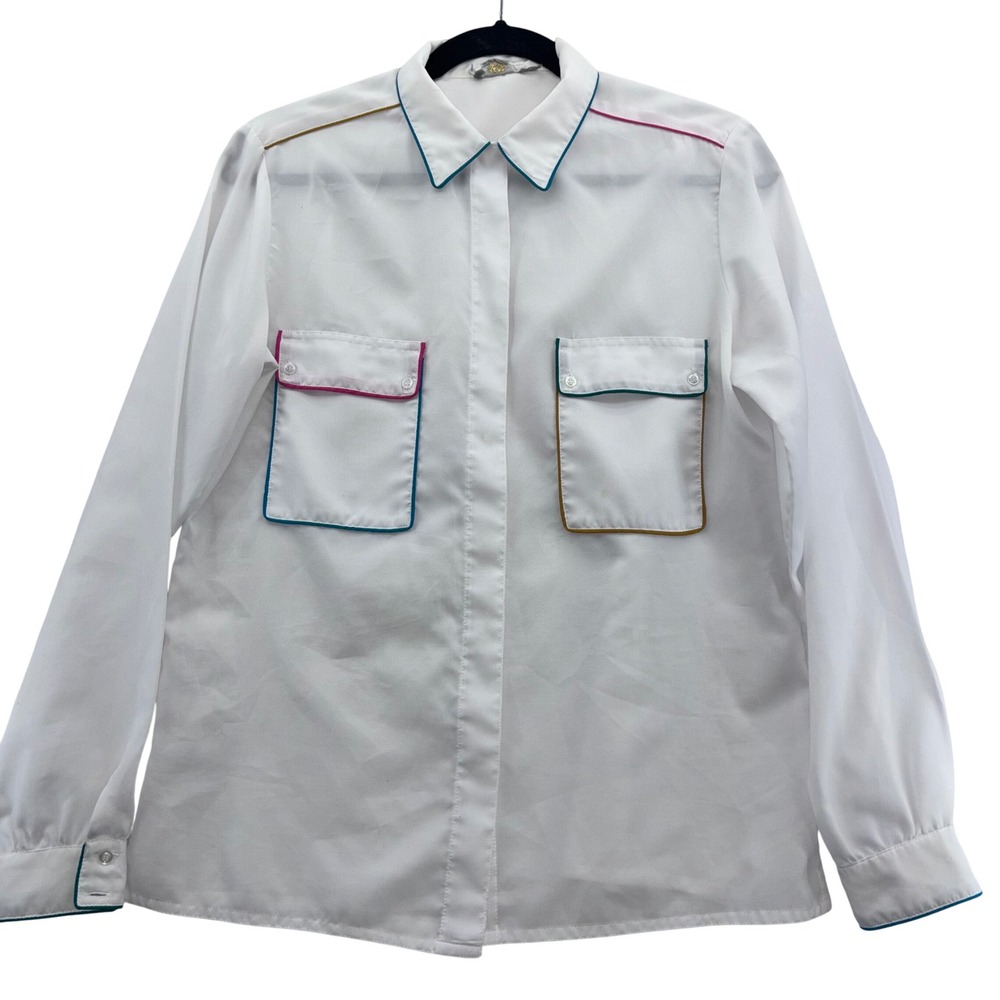 King James White Button Down Long Sleeve Shirt Colored Trim Pockets Collar Cuffs